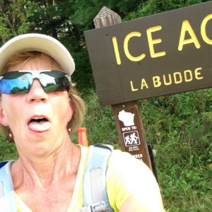 Woman making bad face because it's hot hiking the Ice Age Trail