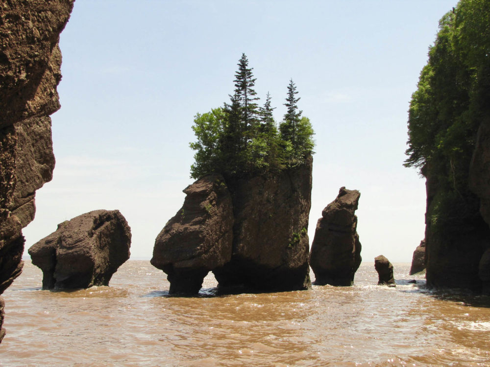 Brown water flows around sculpted rock formations in the Bay of Fundy during high tide.