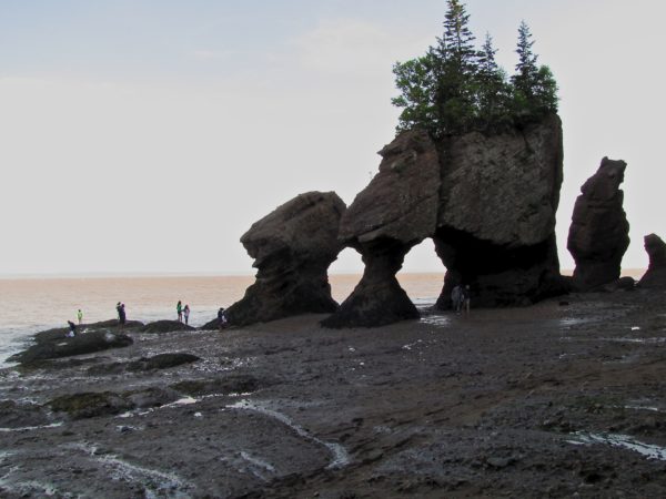 People walk on the mud next to sculpted rock formations in the Bay of Fundy when the tide is out.