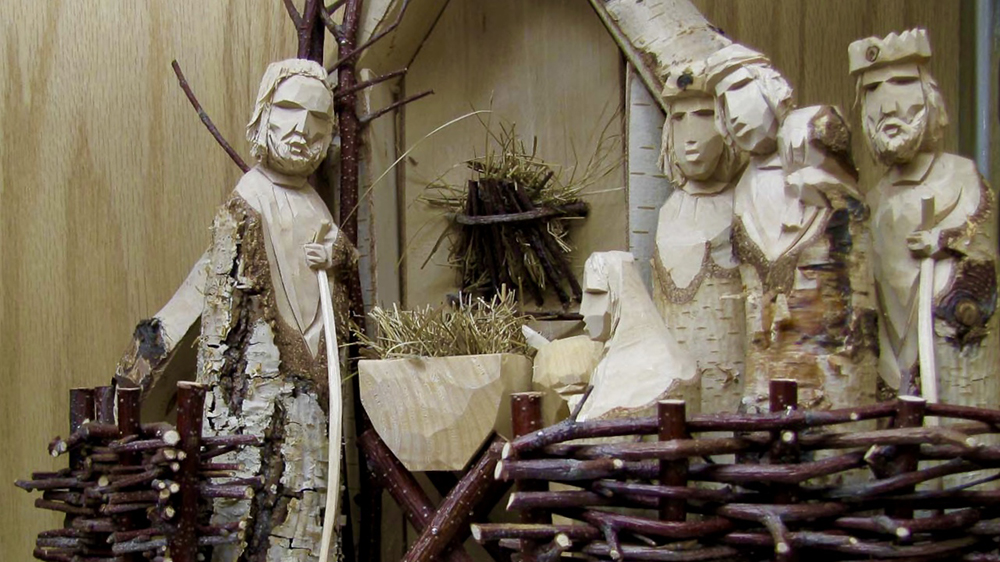 A white Nativity scene with twigs, part of one of the world's largest Nativity collections.