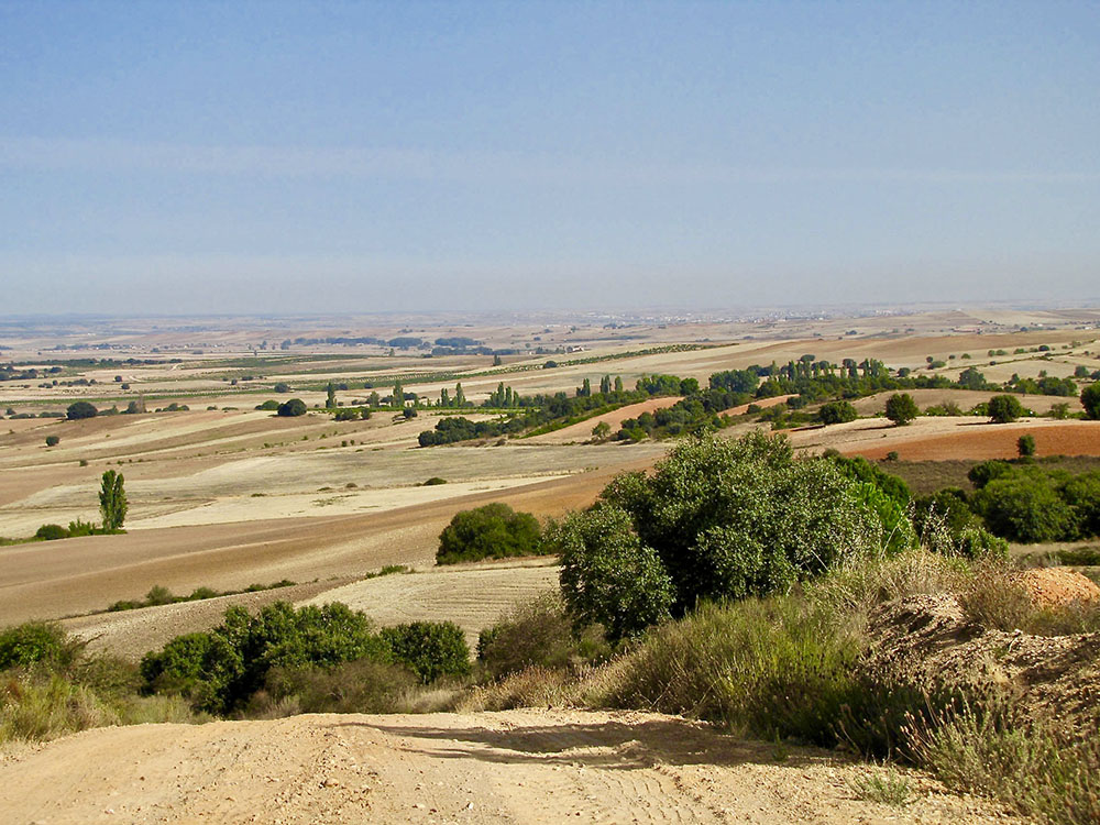 View of golden and terra cotta fields in Spanish countryside along the Camino.