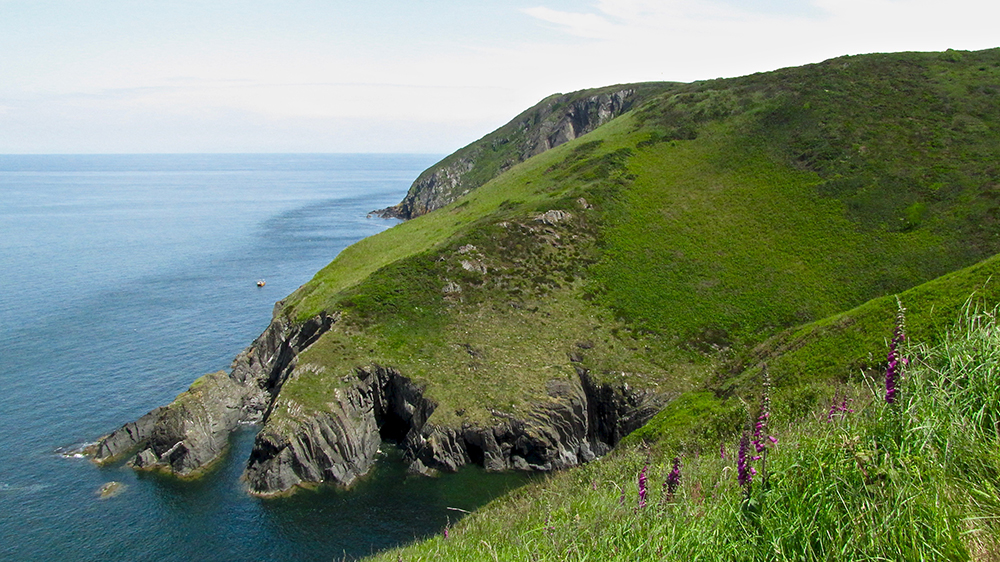 View of rugged green cliffs and blue sea from Wales Coast Path.