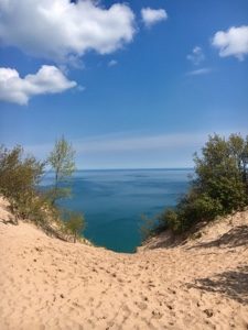 Old log slide chute in the sand dunes towering over Lake Superior in Pictured Rocks.