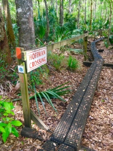Two-plank-wide boardwalk marked Hoffman Crossing along the Florida Trail.