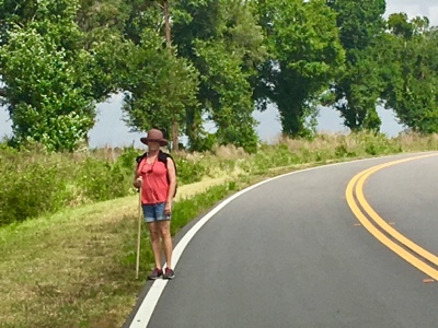 Woman with hiking stick standing on side of a road near Tosohatchee State Preserve