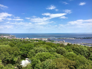 View of downtown Duluth and Lake Superior's waters from bluff top north of Kingsbury Creek.