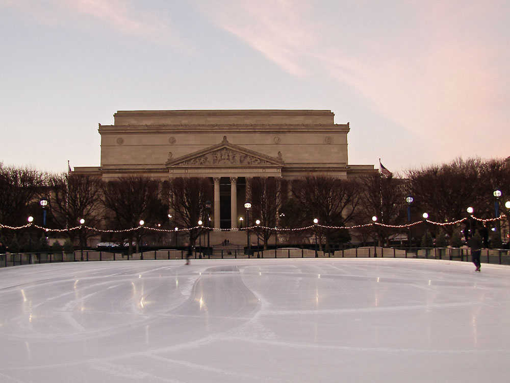 An ice rink in front of the Smithsonian in D.C. during the off-season.