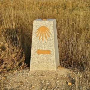 Stone Camino marker with scallop shell and yellow arrow.