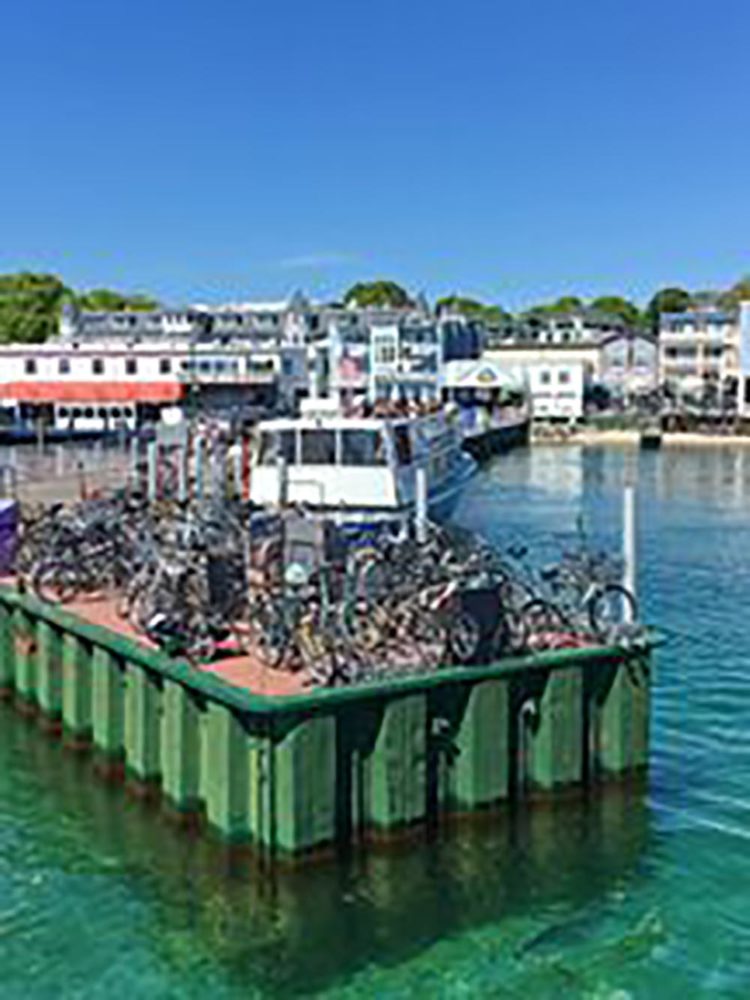 View of dock filled with bikes on Mackinac Island