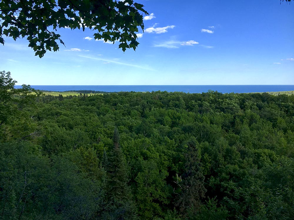 An overview of Lake Superior, seen from a rocky outcrop on the Superior Hiking Trail.