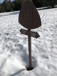 Metal sign for Arizona Trail in snow on a mountaintop.