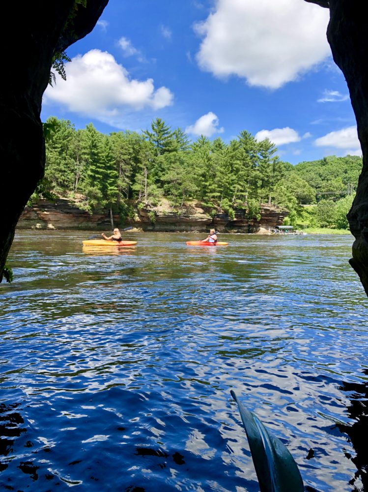 View from kayak on Wisconsin River while inside a "dells" rock formation.