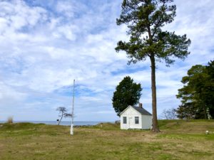 Small white house with tall tree next to it in Point Lookout State Park.