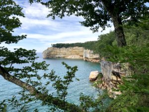 View of Pictured Rocks National Lakeshore bluff from North Country Trail near Beaver Creek.