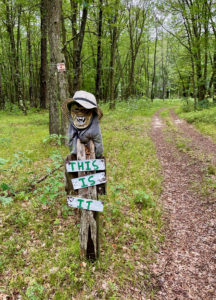 Halloween mask on pole saying, "This is it," on North Country Trail in between High Bridge and Freesoil Trailheads.