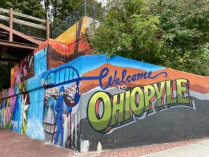 Brightly colored mural in downtown Ohiopyle.