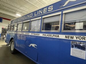 Greyhound bus from the mid-20th century.